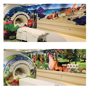 Daunting pieces of MRI equipment and procedure room walls are transformed with new wraps funded by a Children’s Miracle Network grant. 